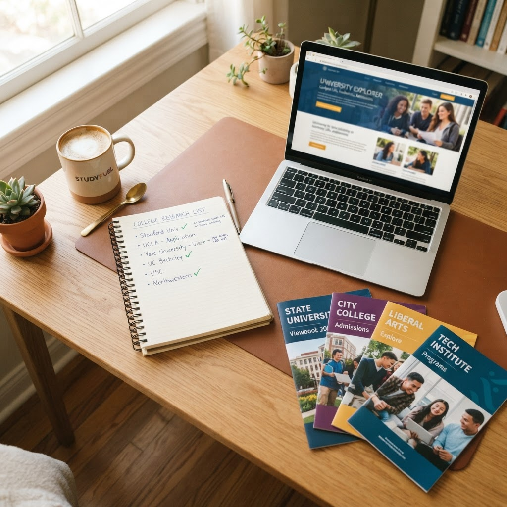 A student desk with a handwritten college research list, an open laptop, and college brochures fanned out
