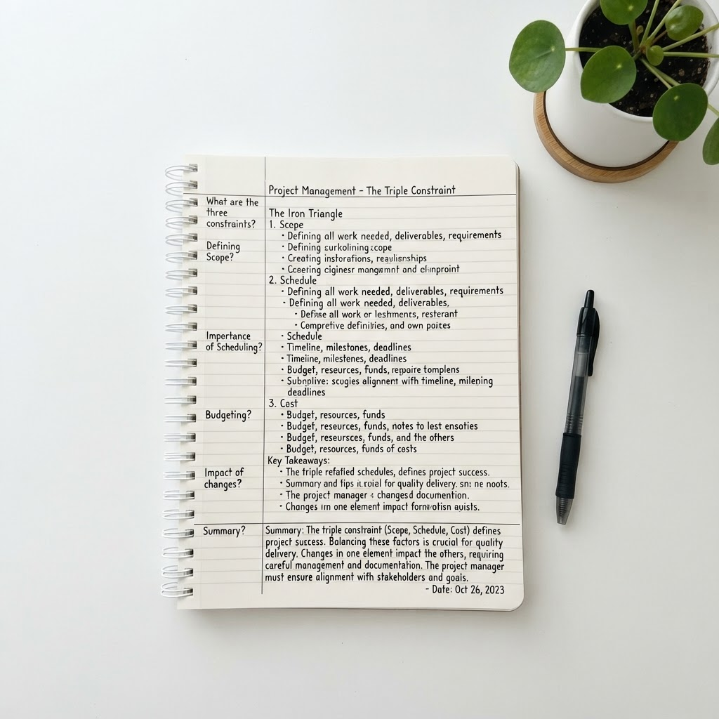 A Cornell-method notebook page divided into notes, cue questions, and a summary strip