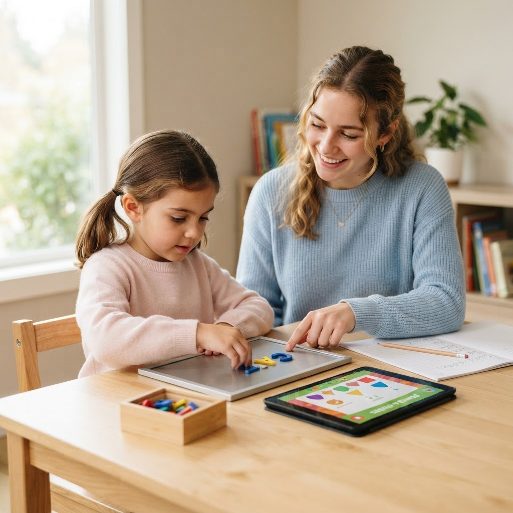 A young student and teacher working with colorful letter tiles and phonics cards at a table