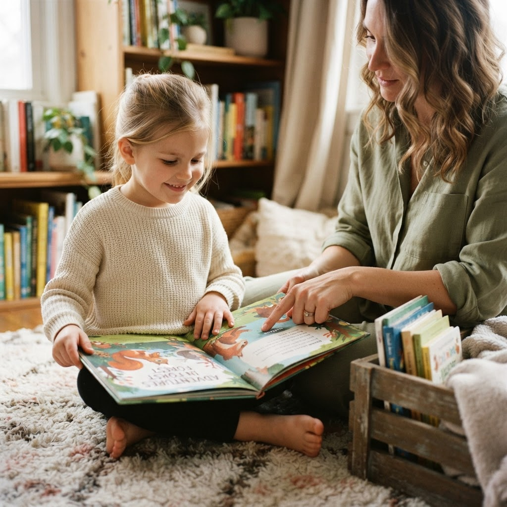 A child reading an open picture book while an adult points at the words