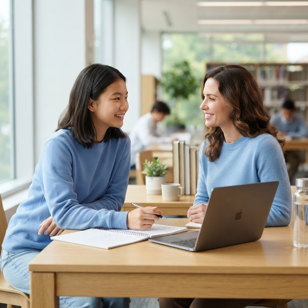 A confident high school student leaning in to ask a teacher a question during office hours