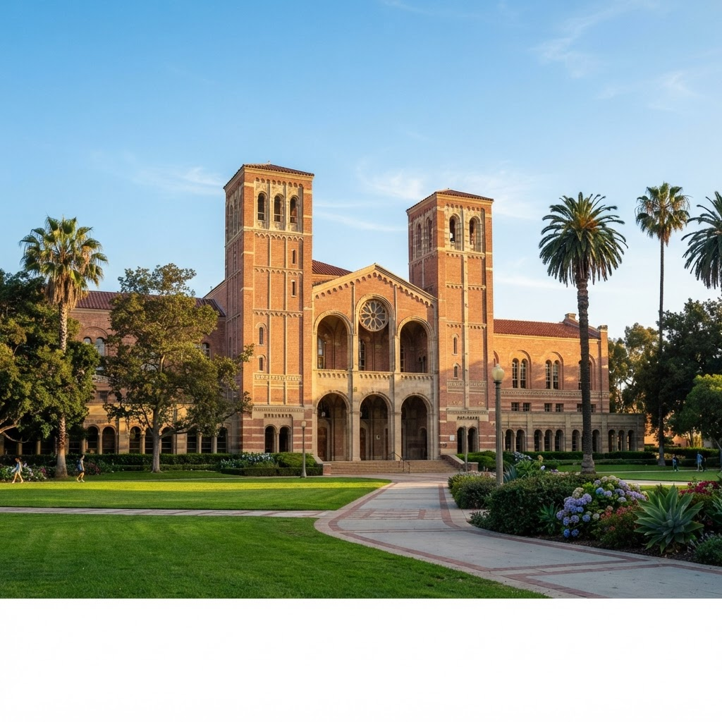 An iconic Southern California university campus building with brick towers and palm trees